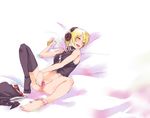  bad_id bad_pixiv_id barefoot bed_sheet black_legwear blonde_hair blush bottomless breasts censored digital_media_player dildo feet fucked_silly headphones kurokuro lunasa_prismriver lying masturbation medium_breasts no_hat no_headwear no_shoes object_insertion open_mouth panties panties_around_one_leg pink_panties pussy saliva short_hair single_thighhigh skirt skirt_removed smile solo spread_legs spread_toes thighhighs touhou underwear vaginal yellow_eyes 