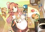  apron brown_eyes brown_hair cake cooking fairy_(jintai) food fruit hat hidari_(left_side) jinrui_wa_suitai_shimashita long_hair pink_hair strawberry watashi_(jintai) whipped_cream 