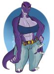  2018 abs anthro belt biceps big_breasts breasts castbound claws cleavage clothed clothing colored_nails crop_top digital_media_(artwork) dinomom_(castbound) dinosaur eyeshadow fangs female hand_on_hip looking_at_viewer makeup mature_female midriff multicolored_scales muscular muscular_female nipple_bulge non-mammal_breasts pants purple_eyes purple_scales reptile scales scalie shirt signature simple_background slit_pupils smile solo thick_tail thick_thighs torn_clothing two_tone_scales voluptuous wide_hips 