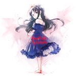  bare_shoulders black_hair blood blue_dress copyright_name dress from_behind lilia_mistys long_hair looking_back moonlight_labyrinth rakuni red_eyes solo standing tiara 