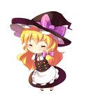  arms_behind_back blonde_hair blueberry_(5959) bow chibi closed_eyes dress hair_bow hat kirisame_marisa long_hair ribbon simple_background smile solo touhou witch_hat 