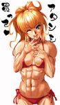  1girl abs artist_request banpresto bikini blonde_hair blue_eyes breasts excellen_browning hisahiko muscle muscles side-tie_bikini smile solo super_robot_wars swimsuit translation_request wink 