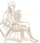  arm_support bangs bench blue_eyes boots bow bowtie cross-laced_footwear crossed_legs formal hair_intakes hato_moa hatoful_kareshi jacket knee_boots looking_down male_focus monochrome official_art open_clothes open_jacket pants personification reading sakuya_le_bel_shirogane sitting sketch spot_color swept_bangs white_skin 