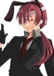  animal_ears bad_id bad_pixiv_id bandages black_gloves bunny_ears closed_eyes formal gloves half_gloves inu_x_boku_ss long_hair male_focus natsume_zange necktie ponytail red_hair smile solo suit yamika_6414 