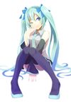  aqua_eyes aqua_hair bad_id bad_pixiv_id boots detached_sleeves hatsune_miku highres konya_(chocolate_palette) long_hair necktie one_eye_closed simple_background sitting skirt smile solo thigh_boots thighhighs twintails very_long_hair vocaloid white_background 