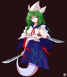  alphes_(style) capelet dress dual_wielding full_body ghost_tail green_eyes green_hair hat highly_responsive_to_prayers holding kaoru_(gensou_yuugen-an) knife long_hair md5_mismatch mima parody sailor_dress simple_background skirt solo style_parody touhou touhou_(pc-98) 