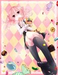  bad_feet black_legwear candy convenient_leg dress food hug inu_x_boku_ss kmikan kneehighs lollipop pink_eyes pink_hair roromiya_karuta smile tanuki twintails watanuki_banri 