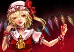  arm_up ascot blonde_hair choker dress fangs flandre_scarlet hand_in_hair hat hat_ribbon open_mouth outstretched_arm petals red_dress red_eyes ribbon ribbon_choker sawori_(katherine9) side_ponytail slit_pupils solo touhou upper_body wings wrist_cuffs 