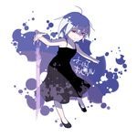  ahoge black_dress copyright_name dress momomoto_haruna outstretched_arm purple_hair rakuni red_eyes saihate_hospital simple_background solo sword weapon white_background 