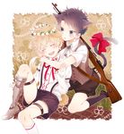  :3 animal_ears arm_around_shoulder black_hair blonde_hair blue_eyes blush bolt_action brooch cat_ears cat_tail catboy closed_eyes dog_ears dog_tail dogboy flower gun highres jewelry male_focus mauser_98 multiple_boys open_mouth original prosthesis prosthetic_leg ribbon rifle scar shoes shorts smile socks suspenders tail tail_ribbon weapon wreath yamaki_(rosycheek323) 