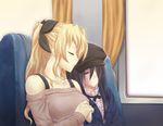  1girl 2girls black_hair blind blonde_hair couple dark_hair hanako_ikezawa hand_holding ikezawa_hanako katawa_shoujo long_hair multiple_girls satou_lilly scar sleep sleeping train yuri 