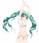  armpits arms_up bad_id bad_pixiv_id bee_(artist) bikini blush flat_chest flower green_eyes green_hair hair_flower hair_ornament hatsune_miku long_hair navel side-tie_bikini simple_background solo striped striped_bikini swimsuit twintails vocaloid white_background 