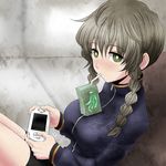  amane_suzuha bike_shorts blush braid breasts brown_hair drinking gel_banana handheld_game_console jacket juice_box large_breasts playstation_portable shirt short_hair solo sony steins;gate taut_clothes taut_shirt track_jacket twin_braids watarui 