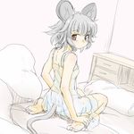  animal_ears bare_shoulders barefoot bed camisole feet from_behind grey_hair hands_on_feet ishikkoro looking_at_viewer looking_back mouse_ears mouse_tail nazrin on_bed panties pillow plantar_flexion red_eyes see-through short_hair sitting sketch soles solo tail toes touhou underwear underwear_only v wariza 