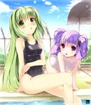  all_fours bad_id bad_pixiv_id barbed_wire chain-link_fence cloud day fence green_eyes green_hair long_hair multiple_girls one-piece_swimsuit original outdoors pool poolside purple_eyes purple_hair school_swimsuit sky swimsuit sys.ao twintails wet white_school_swimsuit white_swimsuit 