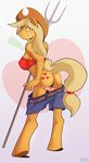  anthro anthrofied apple applejack_(mlp) blonde_hair butt colored cowboy_hat cutie_mark equine female freckles friendship_is_magic fruit green_eyes hair hat horse long_hair looking_at_viewer looking_back mammal my_little_pony one_eye_closed panties pitchfork pony presenting scappo seductive solo underwear wink 