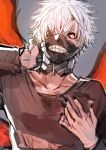  1boy black_nails black_sclera black_shirt eyepatch grey_background hand_on_neck hanjo highres kagune_(tokyo_ghoul) kaneki_ken male_focus mask nail_polish red_eyes shirt short_hair simple_background sketch teeth tokyo_ghoul torn_clothes upper_body white_hair zipper zipper_pull_tab 