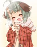  ahoge animal_ears bad_id bad_pixiv_id bamboo bamboo_broom blush broom closed_eyes dress fang green_hair kasodani_kyouko open_mouth pikojirokurao plaid plaid_dress red_dress scarf short_hair smile solo touhou 