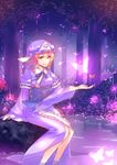  absurdres breasts bug butterfly cherry_blossoms forest glowing hat highres insect japanese_clothes medium_breasts nanayuna nature obi petals pink_eyes pink_hair reflection saigyouji_yuyuko sash short_hair sitting smile soaking_feet solo touhou tree triangular_headpiece water 