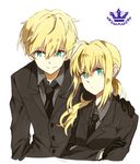  1girl ahoge arthur_pendragon_(fate) artoria_pendragon_(all) black_gloves blonde_hair crown dual_persona fate/prototype fate/zero fate_(series) formal genderswap genderswap_(ftm) gloves green_eyes long_hair necktie oga_(bibide) ponytail saber suit 