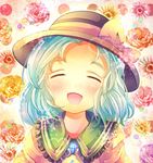  :d aqua_hair blush closed_eyes colorized flower forehead hat komeiji_koishi open_mouth pjrmhm_coa rose smile solo touhou 