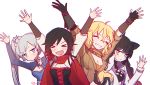  &gt;_&lt; 4girls ahoge animal_ears arm_up arms_up bangs black_hair blake_belladonna blonde_hair blue_eyes blush breasts cape cat_ears cat_girl cleavage cloak closed_mouth corset dress ecru embarrassed eyebrows_visible_through_hair eyes_closed facial_scar facing_viewer faunus faunus_(rwby) fingerless_gloves gloves gradient_hair grin hair_between_eyes hair_ornament half-closed_eyes half-siblings hand_up hands_up happy highres jacket large_breasts long_hair long_sleeves looking_at_viewer medium_breasts multicolored_hair multiple_girls open_mouth prosthesis prosthetic_arm purple_eyes red_hair ruby_rose rwby scar scar_across_eye short_hair siblings side_ponytail silver_eyes sisters smile team teeth tongue two-tone_hair upper_body weiss_schnee white_hair yang_xiao_long yellow_eyes 