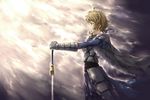  absurdres ahoge armor armored_dress artoria_pendragon_(all) blonde_hair cape dress excalibur fate/stay_night fate_(series) gauntlets green_eyes hair_ribbon hands_on_hilt highres ribbon saber solo sword vlan weapon 