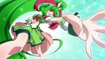  bike_shorts blue_background cosplay cure_march cure_march_(cosplay) dutch_angle front_ponytail green green_hair green_shorts green_skirt kagiyama_hina long_hair look-alike oborotsuki_kakeru open_mouth outstretched_hand ponytail precure red_eyes shorts shorts_under_skirt skirt smile_precure! solo touhou very_long_hair wrist_cuffs 
