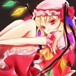  ascot bare_legs blonde_hair fang flandre_scarlet glowing glowing_wings hat hat_ribbon leg_hug legs_up open_mouth red_eyes ribbon sawori_(katherine9) shirt side_ponytail sitting skirt skirt_set solo touhou wings 