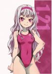  1girl breasts collarbone competition_swimsuit covered_navel cowboy_shot hairband hand_on_hip idolmaster logo long_hair looking_at_viewer one-piece_swimsuit pink_hairband pink_swimsuit purple_eyes shijou_takane silver_hair small_breasts solo swimsuit tommy_region two-tone_background younger 