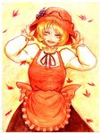  acrylic_paint_(medium) aki_minoriko apron blush closed_eyes colored_pencil_(medium) dress food fruit grapes hands_on_headwear hat leaf mixed_media open_mouth short_hair smile solo terrajin touhou traditional_media yellow_background 