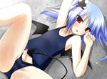  androgynous arm_up bat_wings blue_hair blush bulge censored crossdressing demon_tail hair_ornament kurobuchi_aqua leg_up looking_at_viewer lying navel on_back open_mouth original penis prehensile_tail red_eyes rionoil school_swimsuit skull skull_and_crossbones solo spread_legs swimsuit swimsuit_aside tail thighs trap wings 