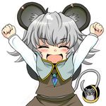  &gt;_&lt; animal_ears arms_up basket blush capelet closed_eyes gem grey_hair hat ishikkoro jewelry mouse mouse_ears mouse_tail nazrin necklace open_mouth pendant shirt short_hair skirt skirt_set smile solo tail tail_hold touhou vest 