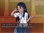  774_(nanashi) bag blue_hair blush brown_eyes closed_eyes evening hair_ornament hairclip ijiranaide_nagatoro-san long_hair nagatoro school_uniform shirt skirt solo translated v v_over_eye 