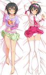  ahoge arm_up arms_up bad_id bad_pixiv_id bare_legs barefoot bed_sheet black_hair blush brown_eyes dakimakura hairband half-shirt hand_in_hair idolmaster idolmaster_cinderella_girls kohinata_miho lying multiple_views necktie on_back panties pink_check_school pink_hairband shirt short_hair skirt skirt_lift smile thighhighs umekichi underwear white_legwear white_panties yellow_eyes 