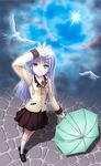  angel_beats! bird blazer blue_hair dove highres horiguchi_hiroshi jacket long_hair looking_up puddle rainbow school_uniform shading_eyes smile solo stone_floor tenshi_(angel_beats!) umbrella yellow_eyes 