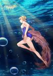  adapted_costume ahoge artoria_pendragon_(all) blonde_hair bubble fate/stay_night fate_(series) freediving green_eyes hair_ribbon highres lipstick makeup one-piece_swimsuit prettyblue88 ribbon saber solo swimming swimsuit underwater 