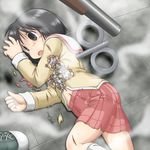  android black_eyes black_hair deep_wound gaketsu gun injury nichijou open_mouth school_uniform serafuku shinonome_nano short_hair shotgun skirt solo tokisadame_school_uniform weapon winding_key 