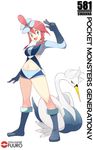  absurdres blue_eyes blue_footwear boots character_name copyright_name full_body fuuro_(pokemon) gen_5_pokemon gloves hair_ornament highres knee_boots looking_at_viewer midriff navel number pokemon pokemon_(creature) pokemon_(game) pokemon_bw red_hair short_shorts shorts simple_background smile souji standing swanna white_background 