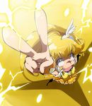 arm_up blonde_hair blush_stickers bow bowtie cure_peace electricity eyelashes hair_flaps kise_yayoi long_hair perspective precure skirt smile_precure! solo surprised taroimo_(takesan) tears v wide_ponytail wrist_cuffs yellow yellow_background yellow_bow yellow_eyes yellow_skirt 