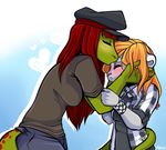  anthro black_nose blonde_hair blush breasts canine chloe_(chloe.hydraconis) clothed clothing duo feline female fur grey_fur hair hat kissing lizard mammal neko_(character) pants red_hair reptile scalie shirt spots standing strawberryneko whiskers wolf 