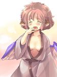  animal_ears bad_id bad_pixiv_id blush breasts cleavage closed_eyes japanese_clothes kimono messy_hair mystia_lorelei nise_nanatsura no_hat no_headwear pink_hair short_hair sleepy small_breasts solo tears touhou wings yukata 