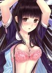  absurdres arms_up bangs between_breasts black_hair blunt_bangs blush bow bow_bra bra breasts brown_eyes cleavage hair_bow highres jewelry kazuharu_kina lingerie long_hair looking_at_viewer medium_breasts necklace open_clothes open_shirt original pink_bra shirt solo underwear 