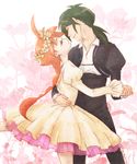  1girl ahiru ahoge alternate_costume arm_around_waist ballet braid closed_eyes couple dancing dress eyelashes fakir freckles green_hair hetero holding_hands long_hair orange_hair ponytail princess_tutu single_braid smile standing 