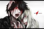  1girl araragi_koyomi asuke_yuki bad_id bad_pixiv_id bakemonogatari black_hair blonde_hair blood fangs kiss-shot_acerola-orion_heart-under-blade kizumonogatari monogatari_(series) open_mouth red_eyes sharp_teeth teeth vampire 