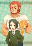  alcohol bangs beard beer bob_cut facial_hair fate/zero fate_(series) green_background green_eyes green_hair male_focus marimo_(marimoya) multiple_boys necktie parted_bangs red_eyes red_hair rider_(fate/zero) shirt t-shirt waver_velvet 