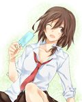  brown_eyes brown_hair food highres hirosaki_(loireag) necktie one_eye_closed open_mouth popsicle sleeves_rolled_up solo touhou usami_renko 