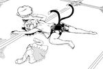 animal_ears ass barefoot bike_shorts cameltoe cat_ears cat_tail chen coat fang greyscale hat hat_removed headwear_removed lying monochrome multiple_tails nicq on_stomach smile solo spread_legs tail tatami touhou 