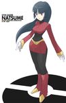  black_bodysuit black_hair black_legwear bodysuit boots character_name copyright_name english full_body gym_leader highres natsume_(pokemon) pantyhose poke_ball_print pokemon pokemon_(game) pokemon_rgby red_eyes serious solo souji 