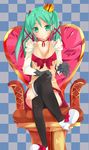  bad_id bad_pixiv_id byte_(allbyte) chair checkered checkered_background crossed_legs crown gloves green_eyes green_hair hatsune_miku highres long_hair sitting skirt solo thighhighs twintails vocaloid world_is_mine_(vocaloid) 